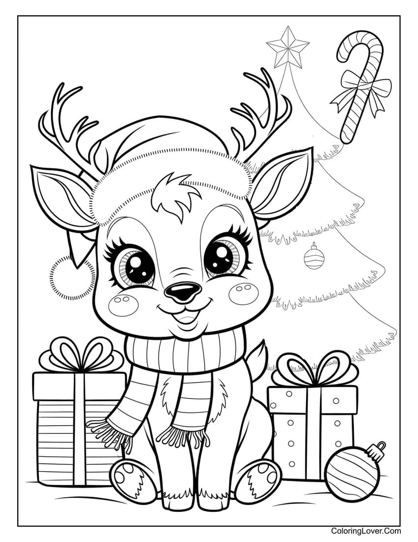 Cute christmas deer with presents and tree coloring page