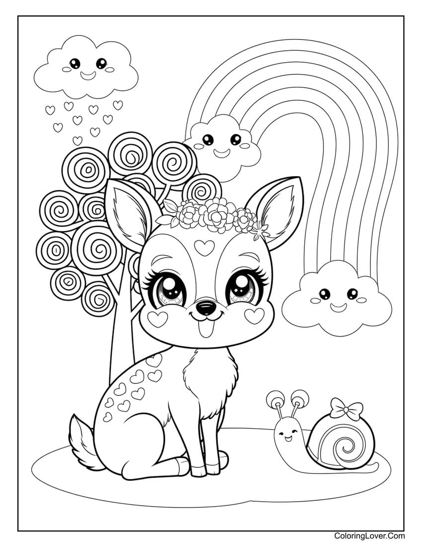 coloring page for kids with deer and snail under rainbow