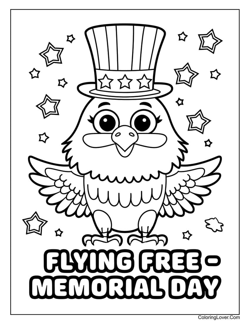 Cute eagle with patriotic hat on Memorial Day coloring page