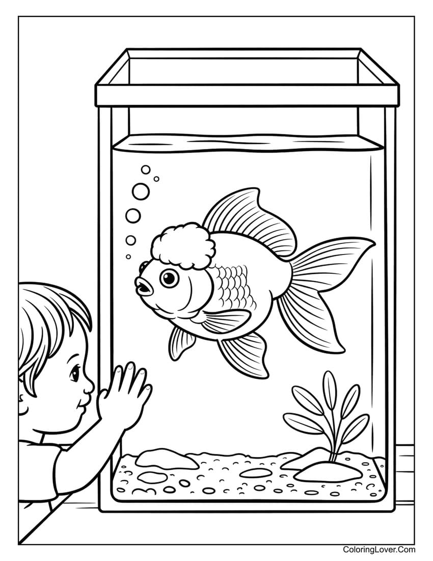 Cute fish in aquarium tank watched by little boy coloring page