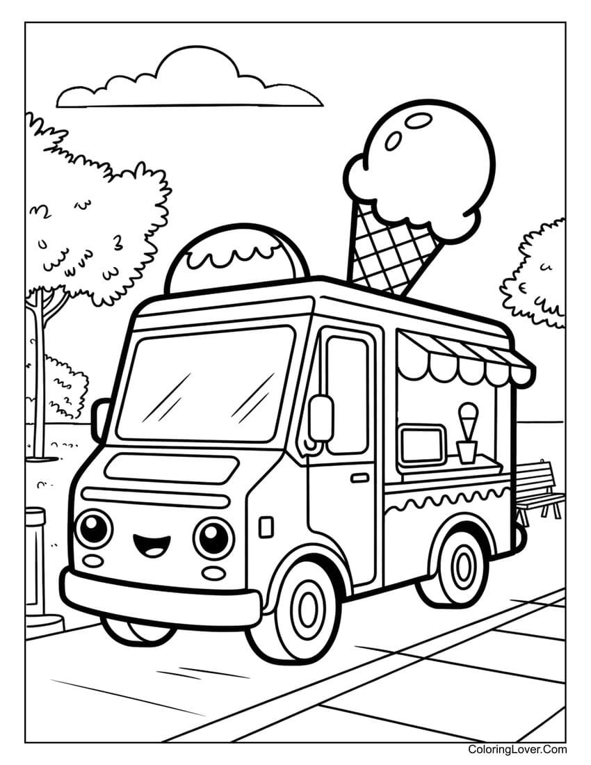 Cute ice cream truck with giant cone coloring page