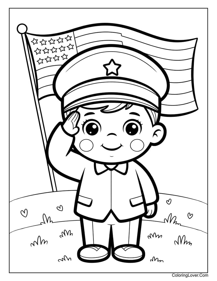 Cute kid in uniform for Memorial Day coloring page