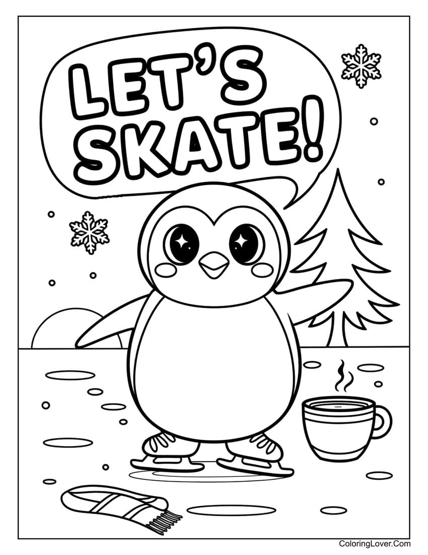 Cute kids coloring page showing a penguin ice skating while holding hot cocoa