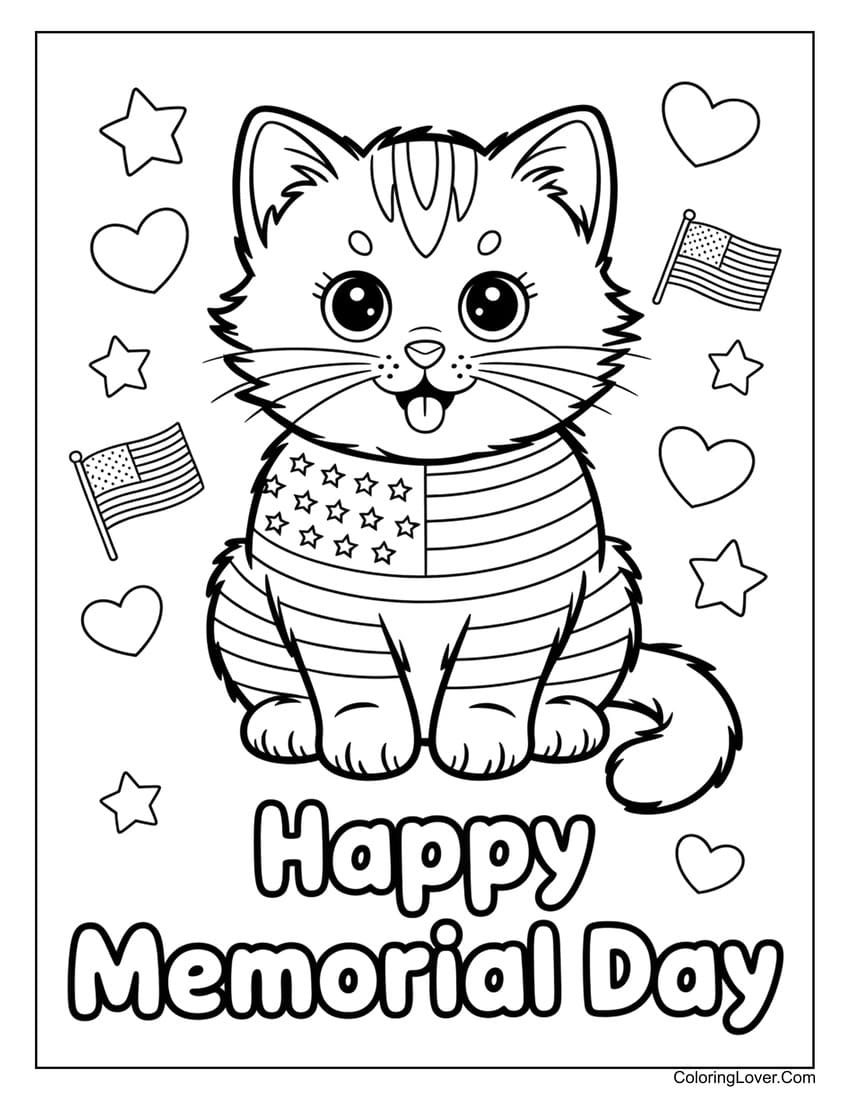 Cute kitten with American flag shirt for Memorial Day coloring page