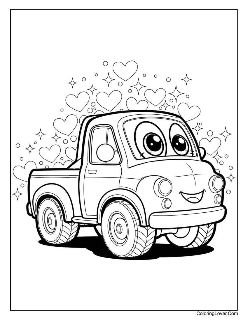 Cute little truck with hearts and smile coloring page