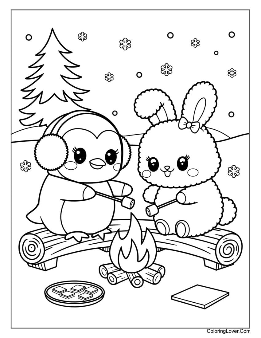 Cute penguin and bunny roasting marshmallows coloring page