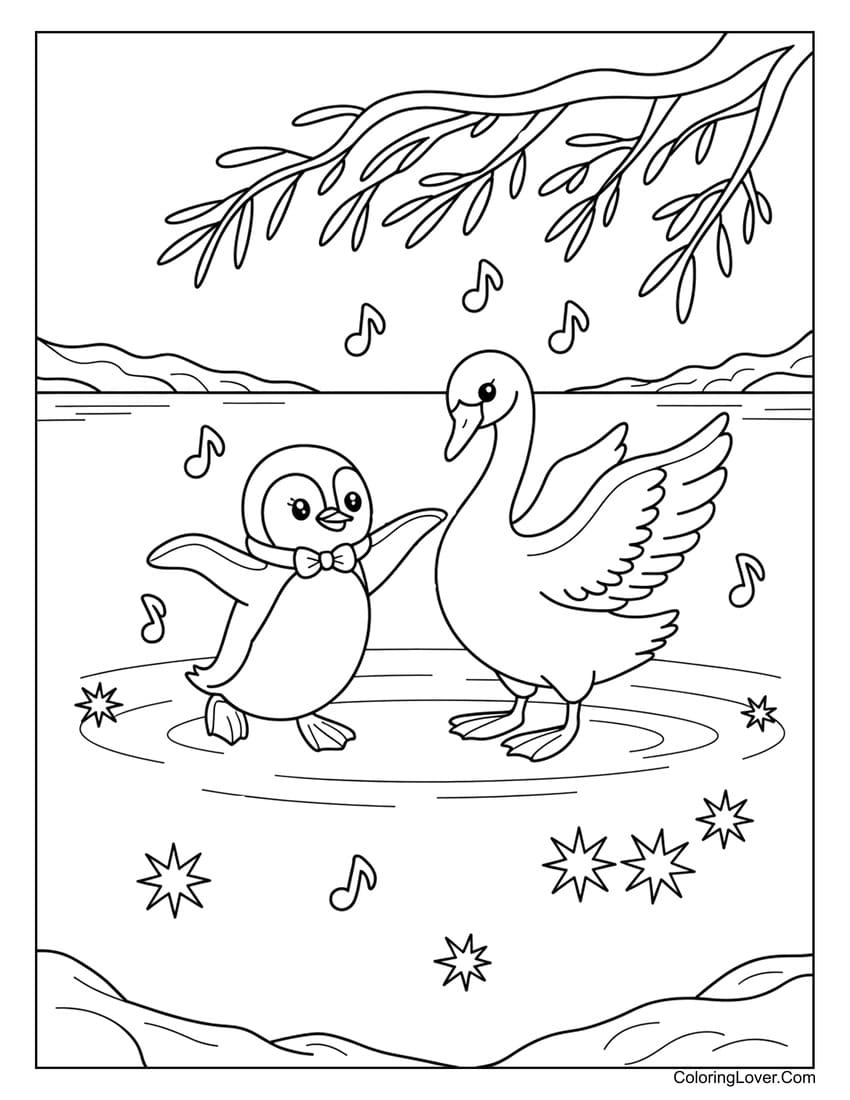 Cute penguin dancing with swan on lake coloring page
