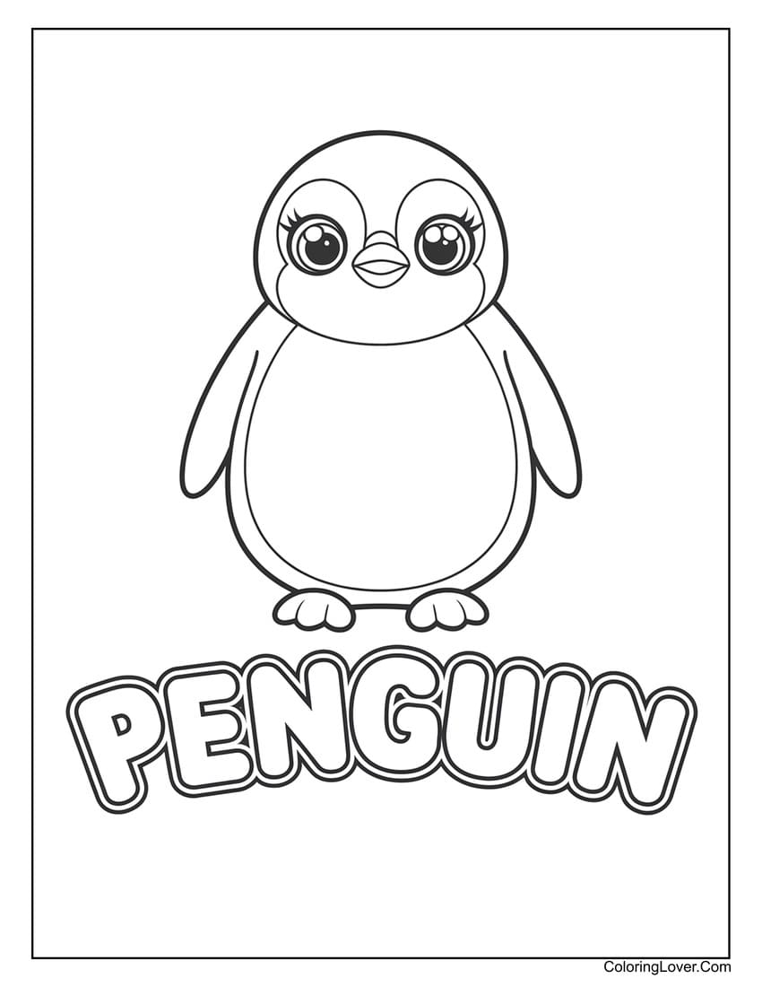 Cute penguin with “PENGUIN” text coloring page