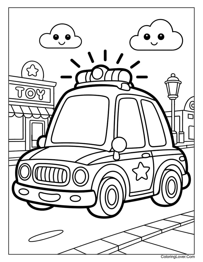 Cute police car in neighborhood coloring page