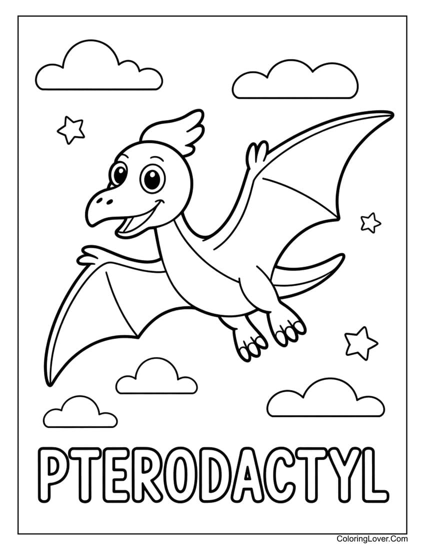 Cute Pterodactyl soaring through sky with happy face coloring page