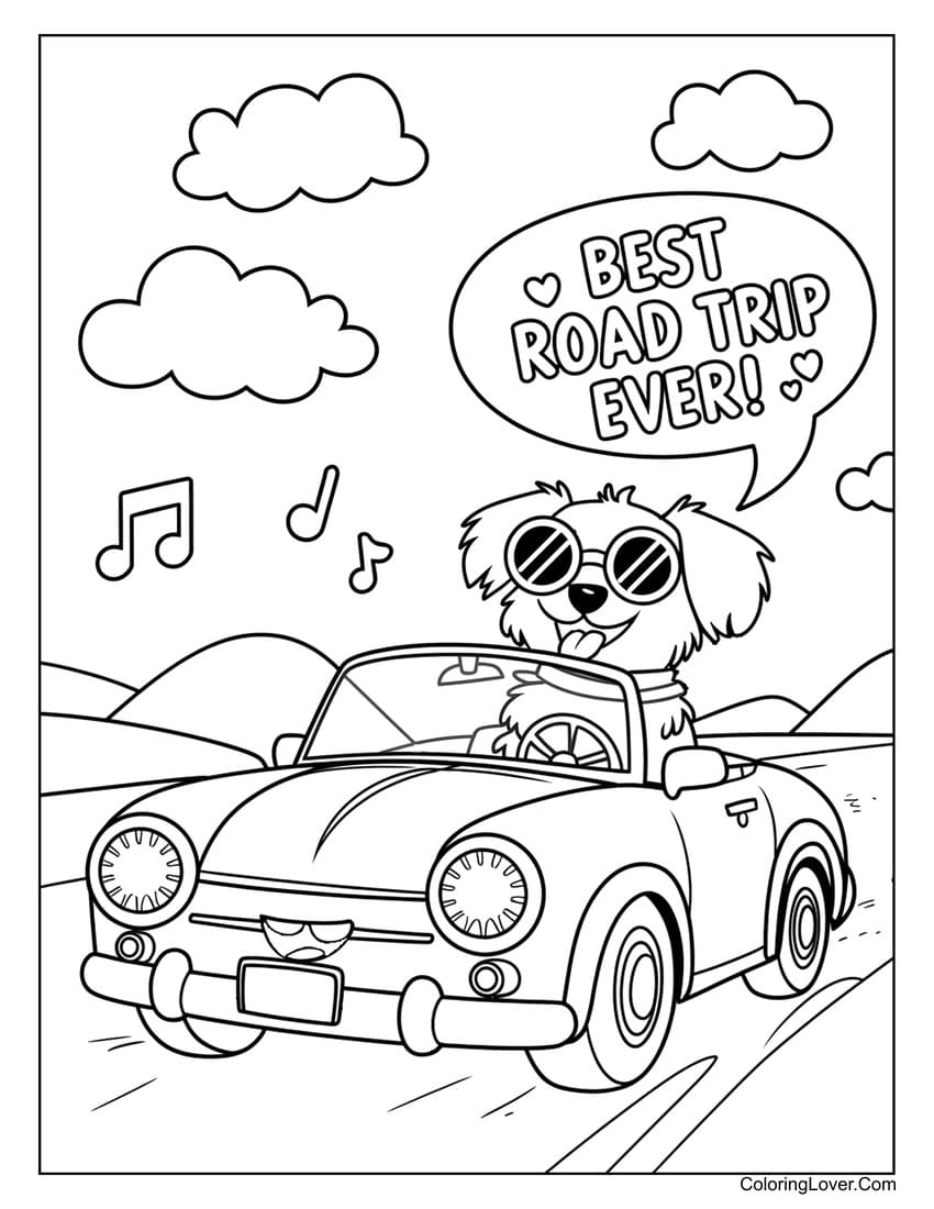 Cute puppy on best road trip coloring page