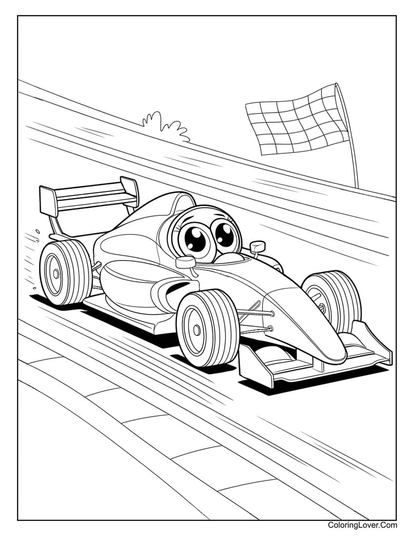 Cute race car speeding on track coloring page