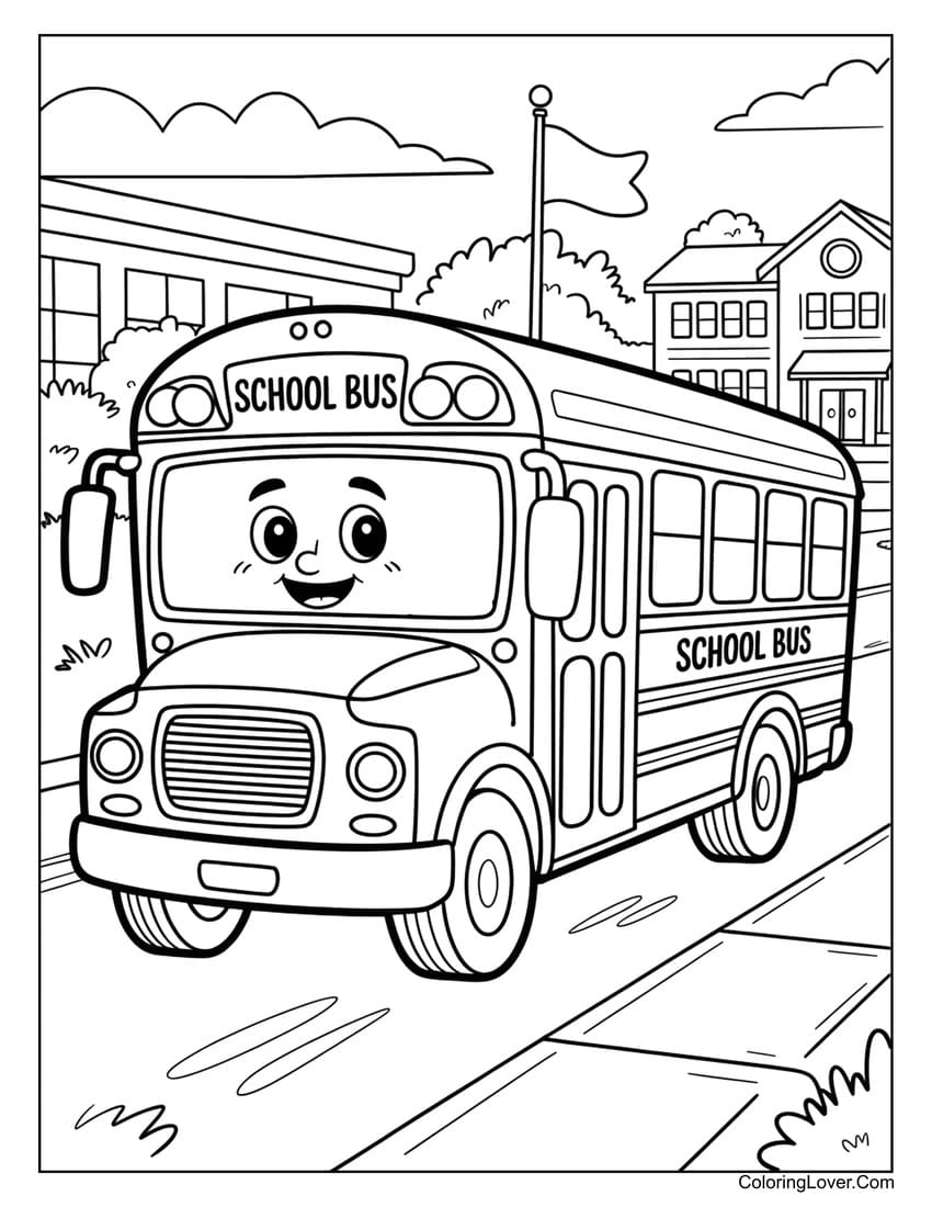 Cute school bus driving through neighborhood coloring page
