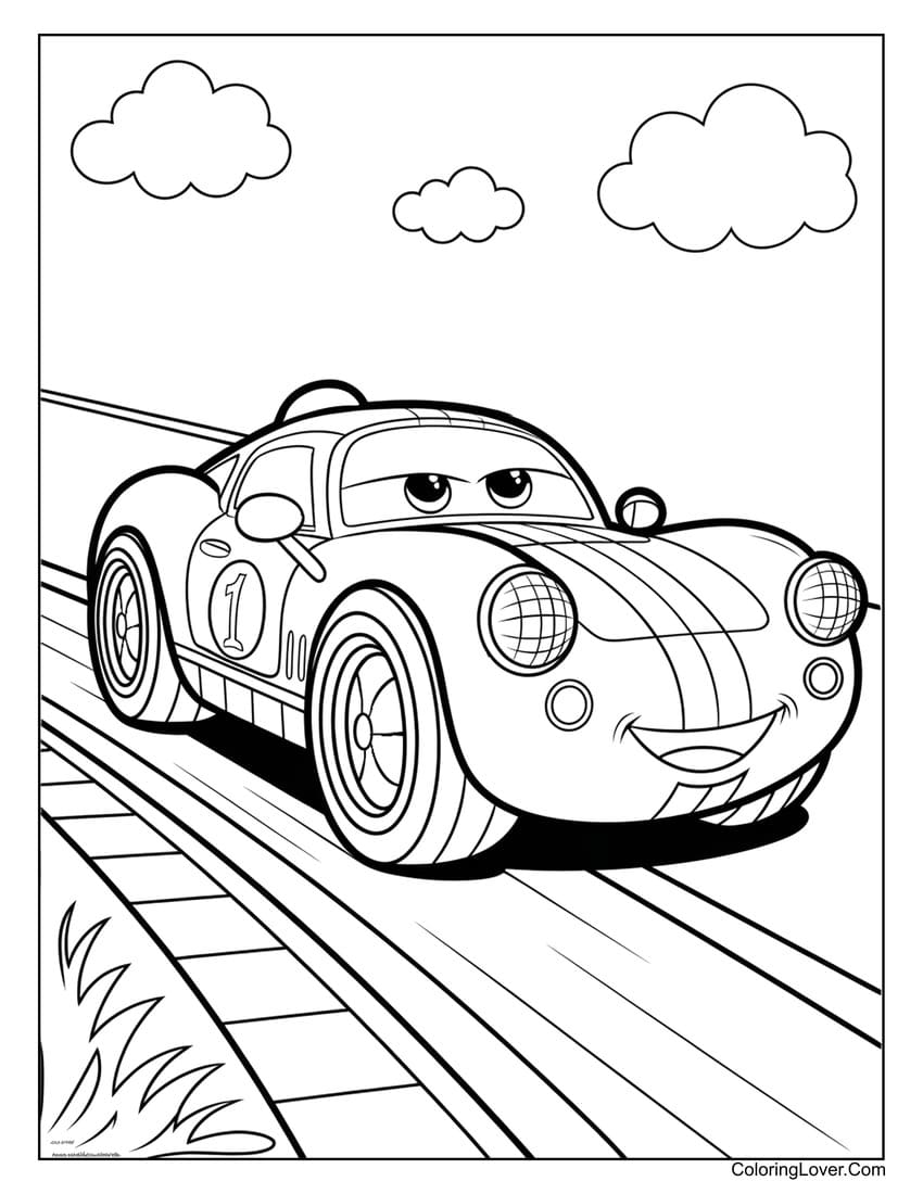 Cute smiling car driving country road coloring page