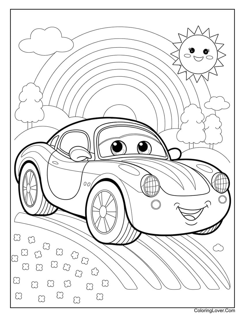Cute smiling car with rainbow background coloring page