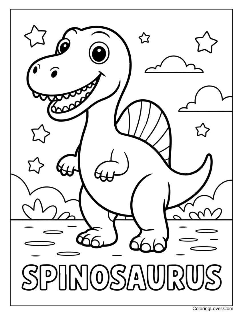 Cute Spinosaurus smiling under cloudy sky coloring page
