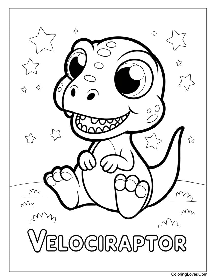 Cute Velociraptor sitting under starry sky coloring page