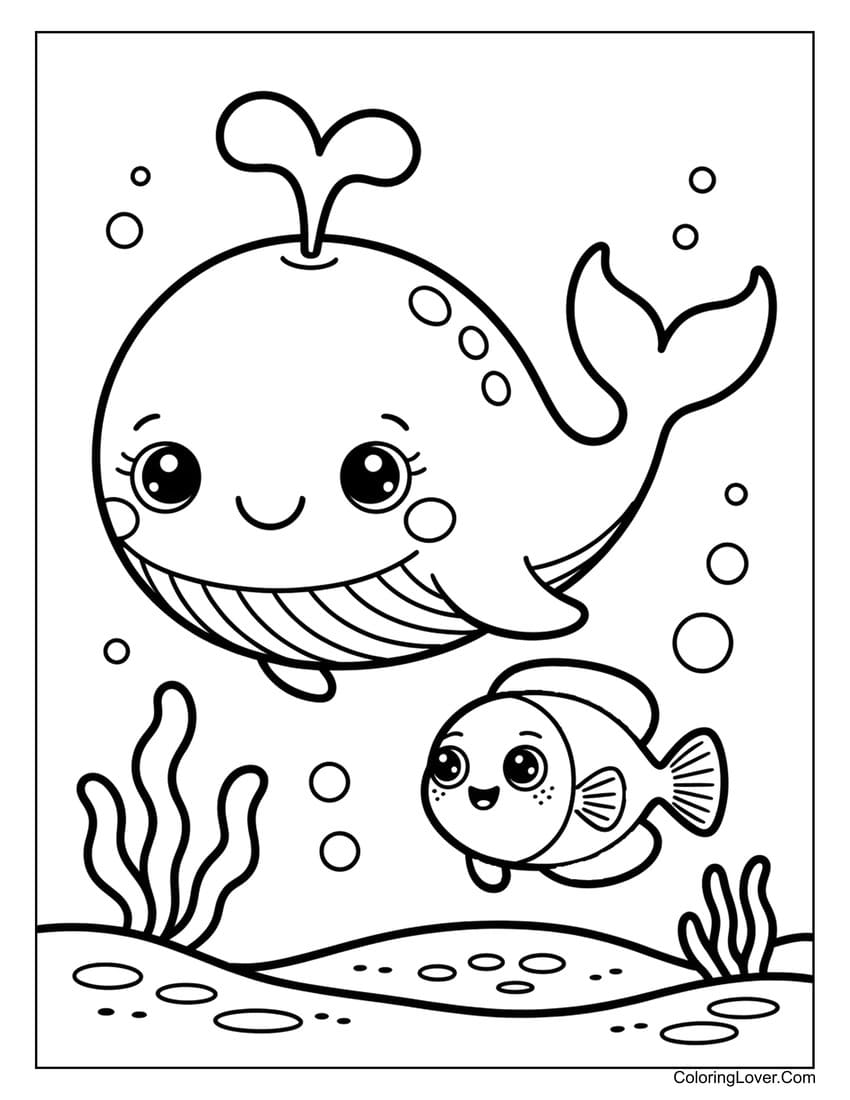 Cute whale and fish exploring ocean floor together coloring page
