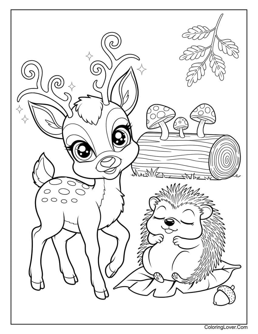 Deer and hedgehog near mushrooms coloring page