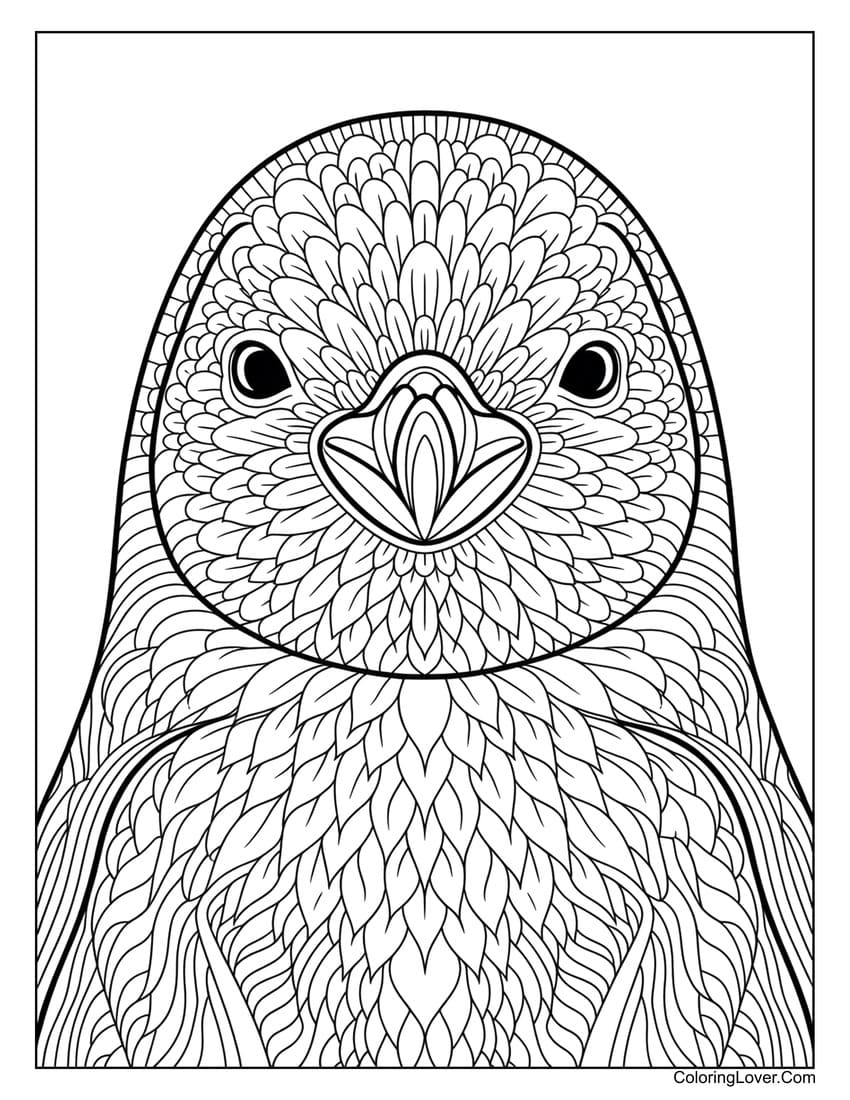 Detailed mandala penguin head coloring sheet for adults