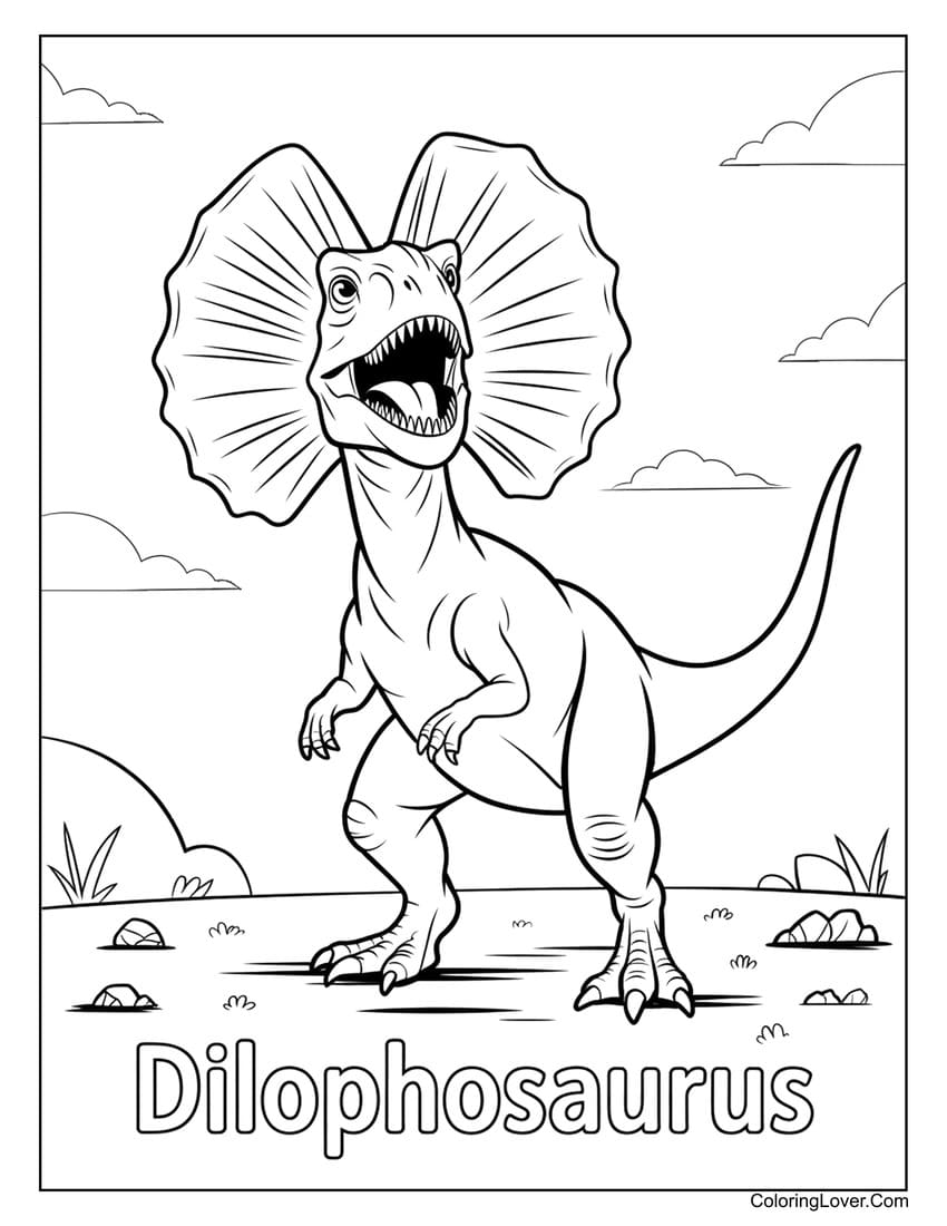 Dilophosaurus roaring with frill expanded wide coloring page