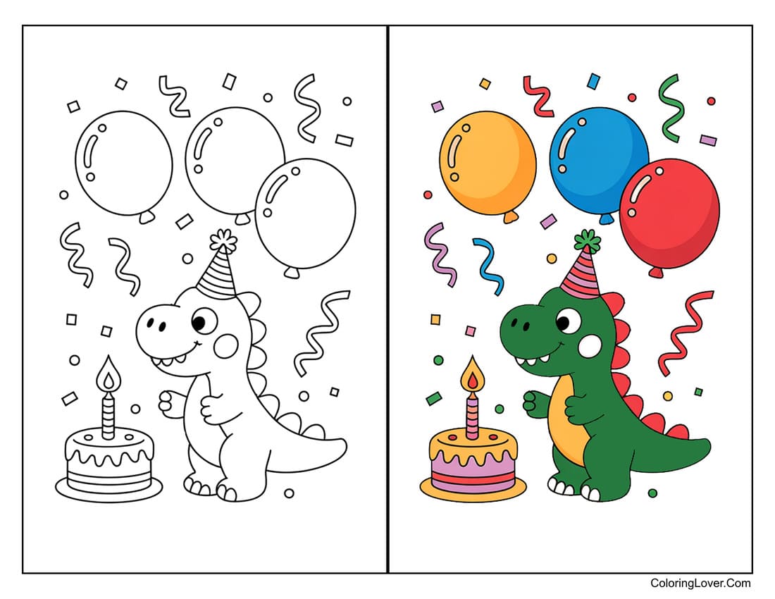 Coloring page of cute dinosaur at birthday party with balloons for toddlers
