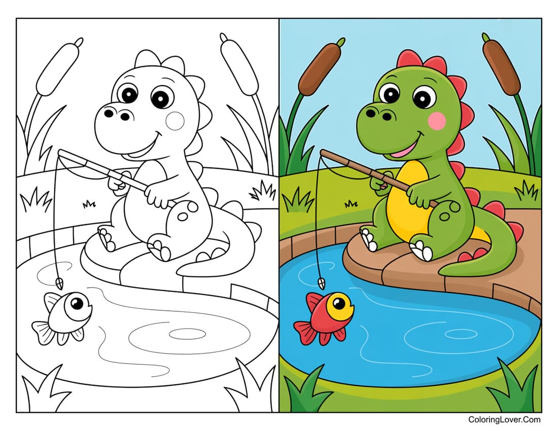 Coloring page of cute dinosaur fishing in the lake for toddlers