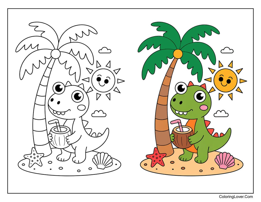Coloring page of cute dinosaur drinking juice on the beach for toddlers