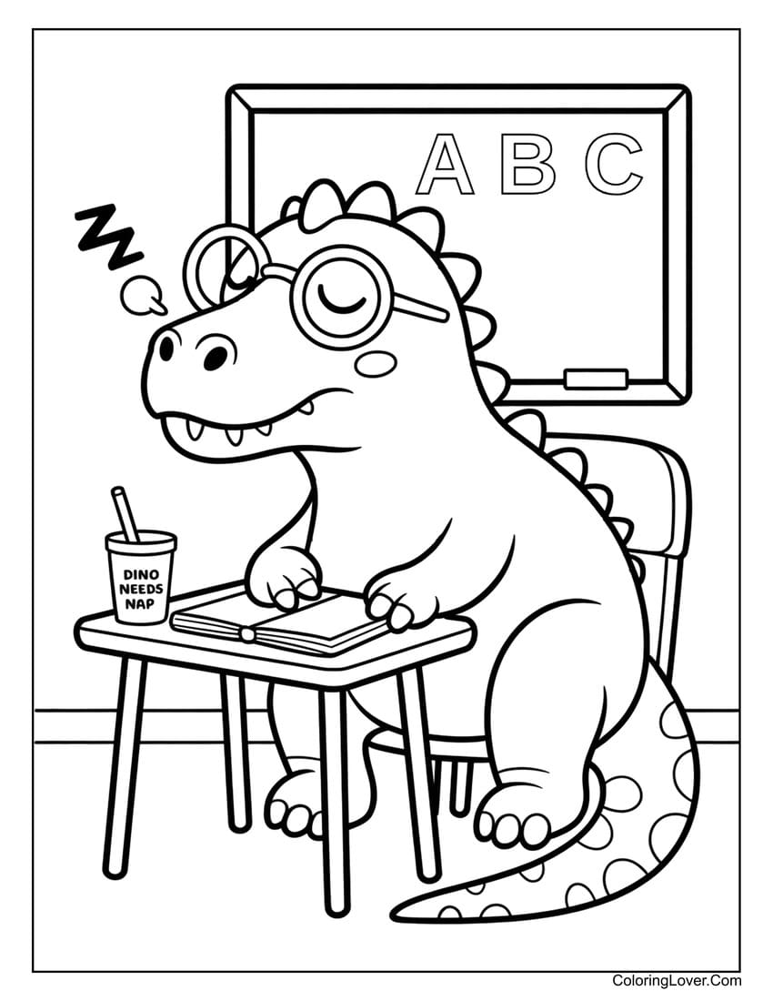 Dinosaur student sleeping in classroom desk coloring page