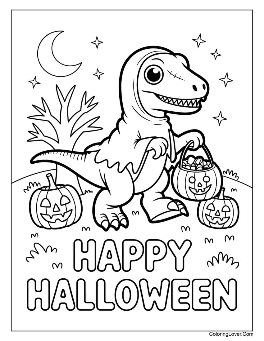 Dinosaur trick or treating with pumpkins coloring page