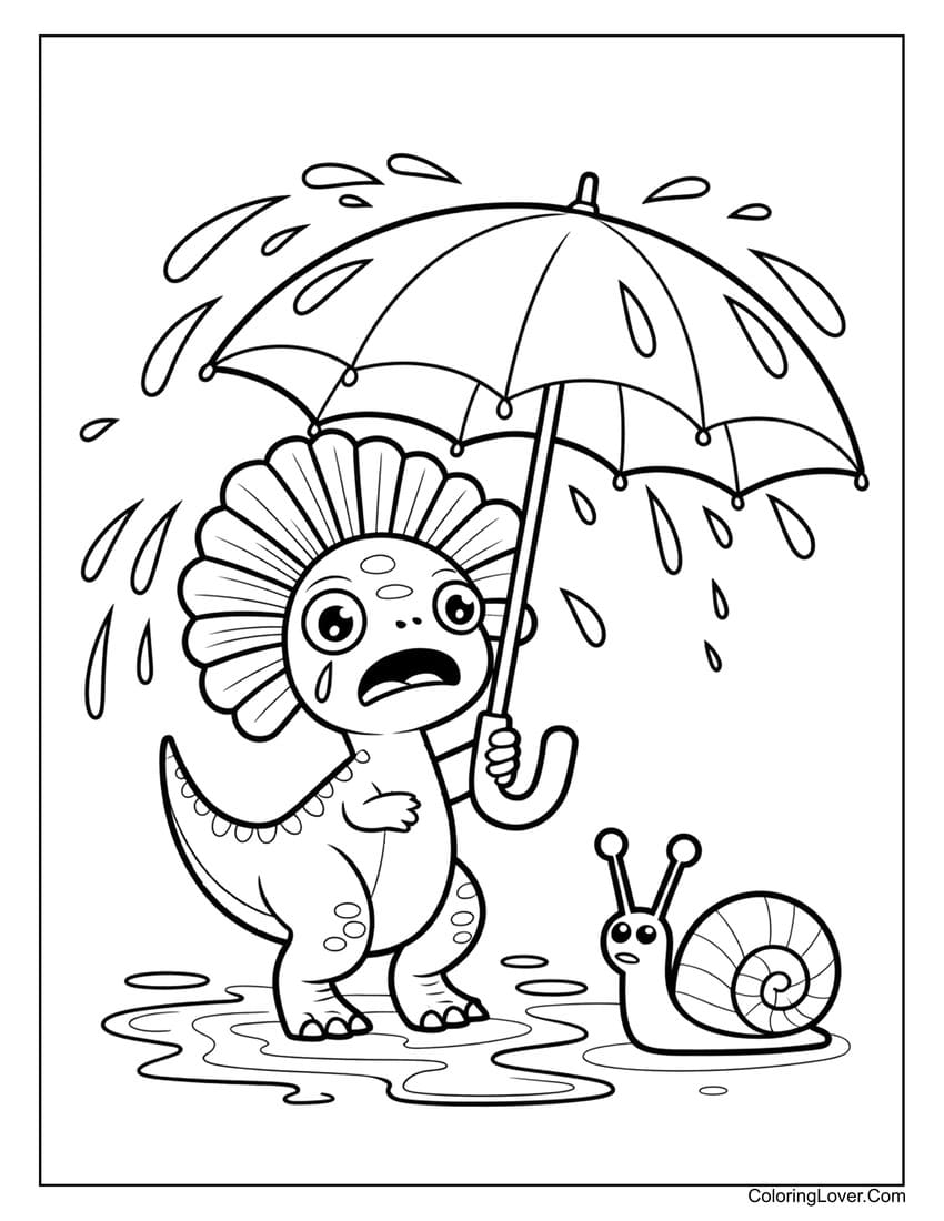 Dinosaur under umbrella in rain with snail coloring page