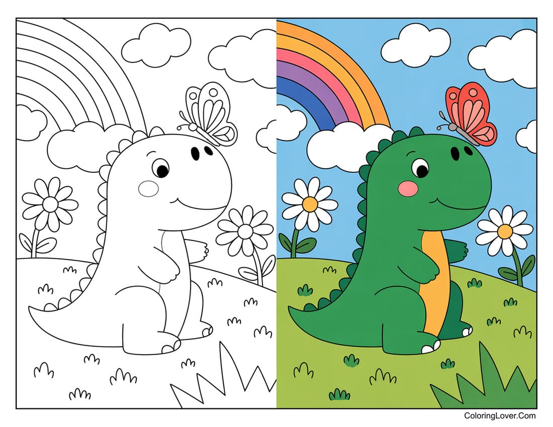 Coloring page of cute dinosaur with rainbow and butterfly for toddlers