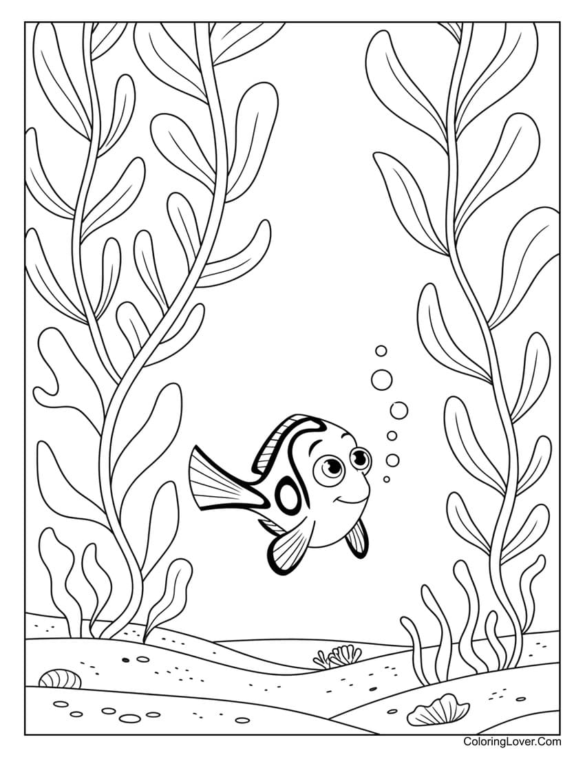 Dory gliding peacefully through seaweed forest coloring page