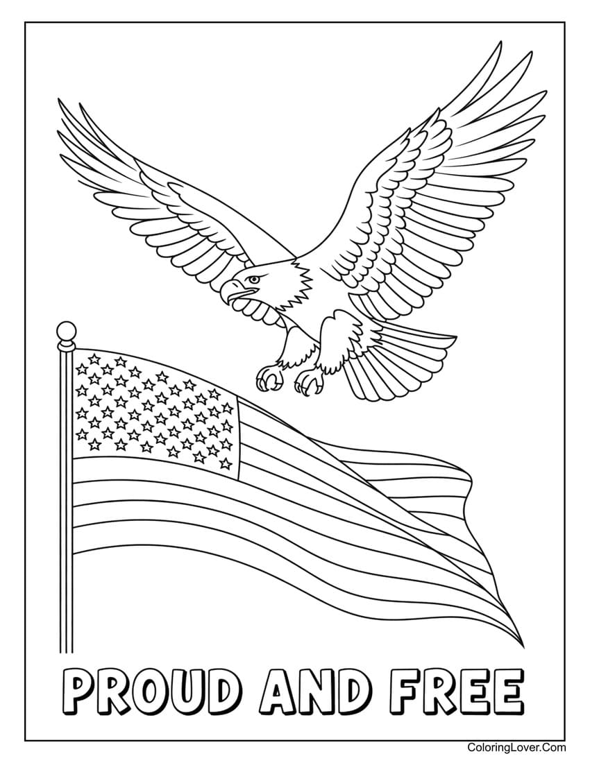 Eagle flying with American flag for Memorial Day coloring page