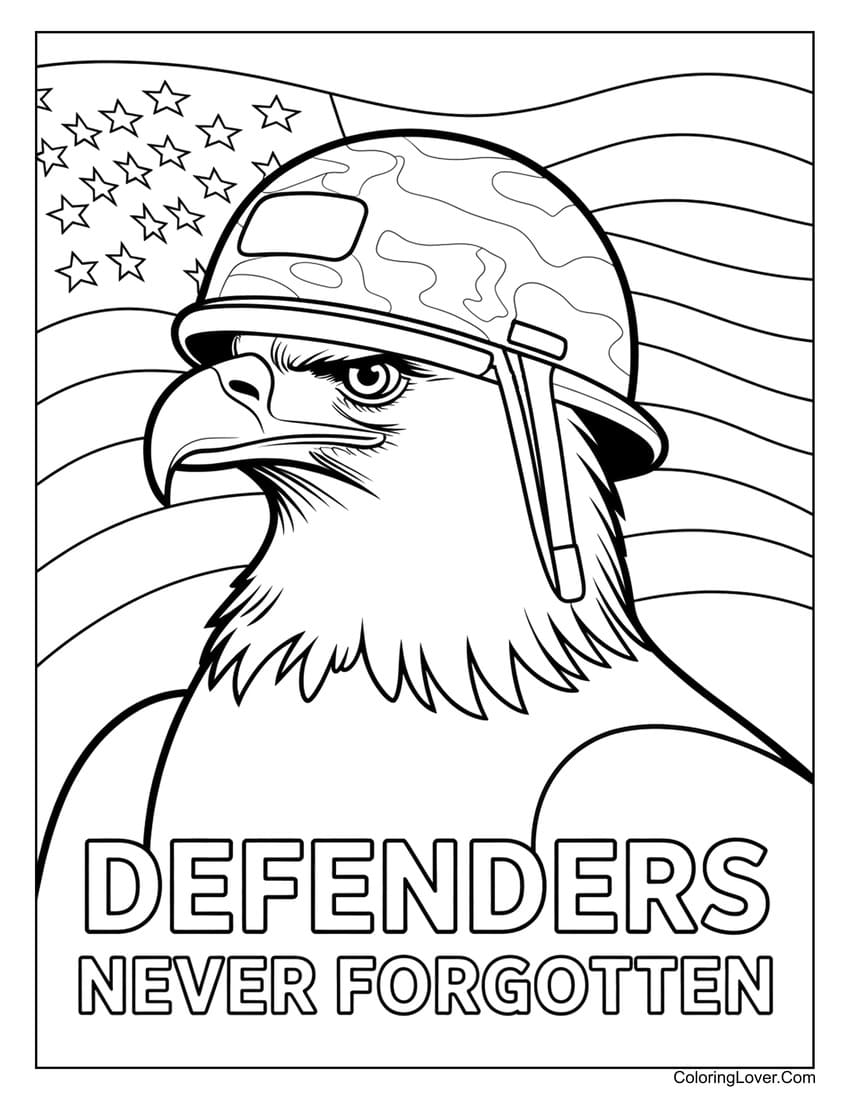 Eagle wearing soldier helmet on Memorial Day coloring page