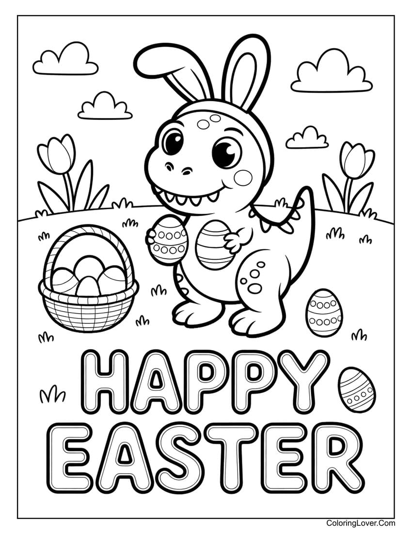Easter dinosaur in bunny ears with basket and eggs coloring page