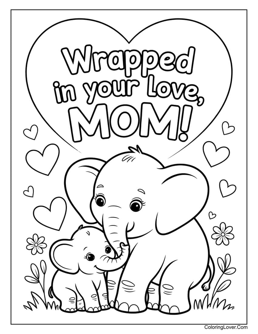 Elephants cuddling with heart for Mother’s Day coloring page