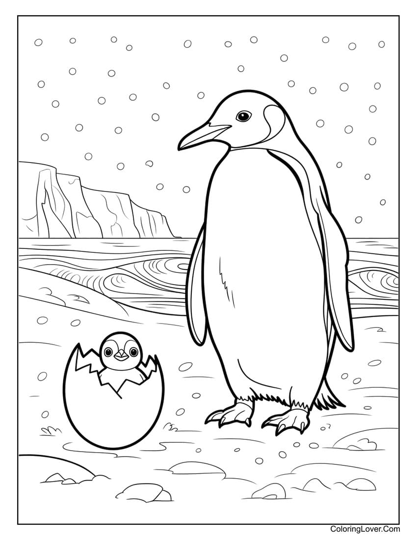 Emperor penguin with baby hatching coloring page