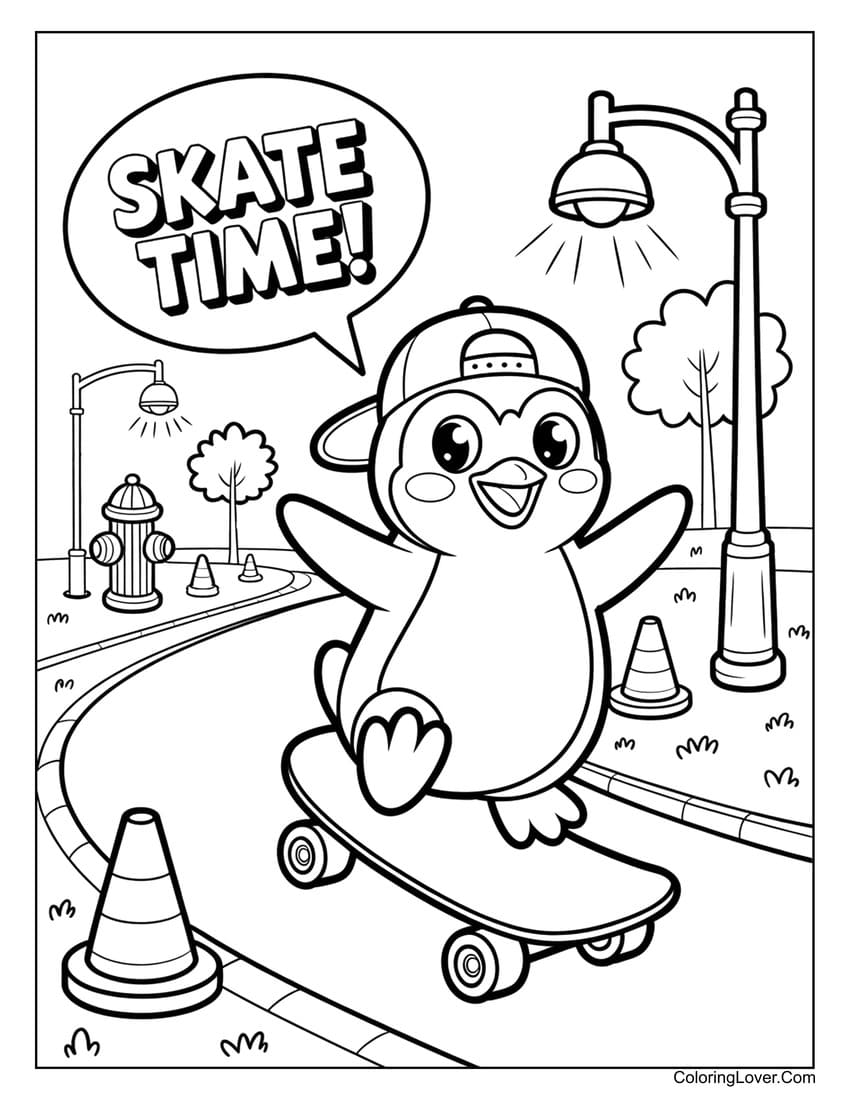 Exciting kids coloring page featuring a penguin skateboarding in a city par