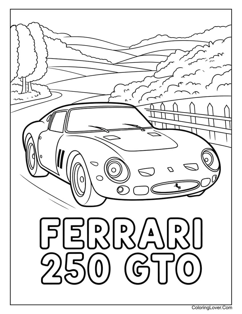 Ferrari 250 GTO cruising along countryside fence coloring page
