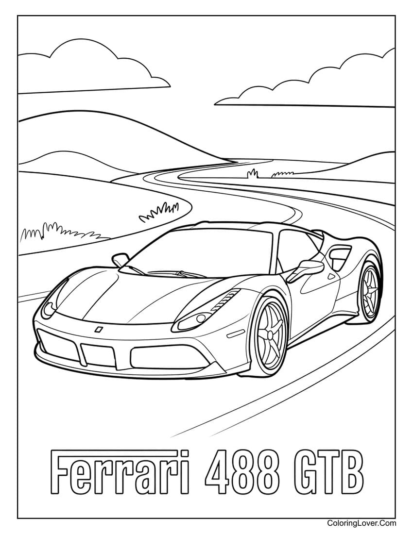 Ferrari 488 GTB driving through scenic hills coloring page