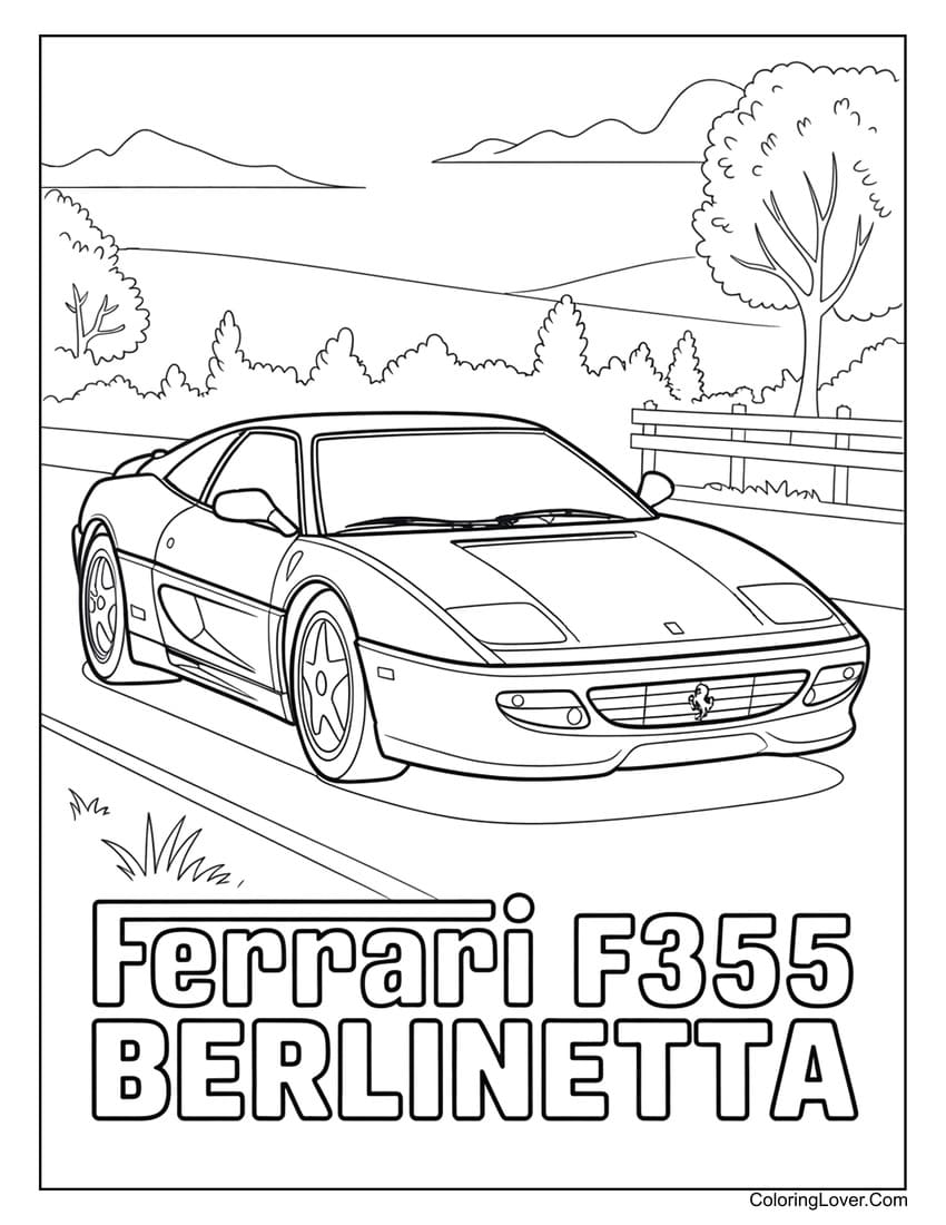 Ferrari F355 Berlinetta parked in nature view coloring page
