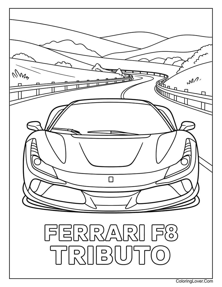 Ferrari F8 Tributo on winding mountain road coloring page