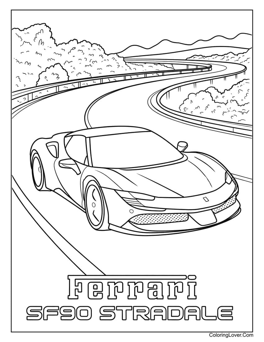 Ferrari SF90 Stradale speeding around sharp turn coloring page