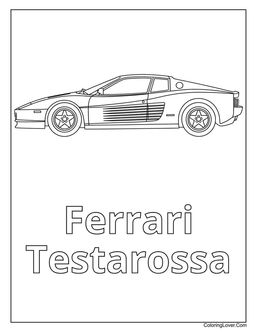 Ferrari Testarossa side view on open flat road coloring page