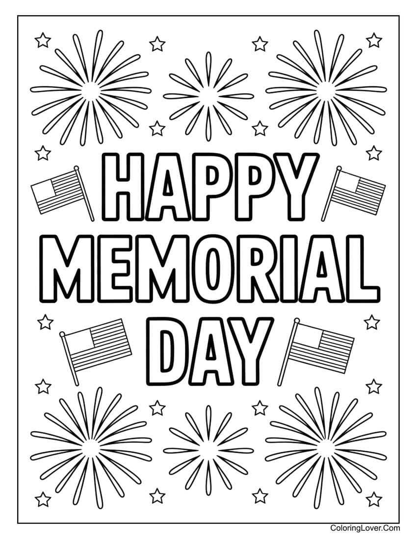Fireworks and flag Memorial Day coloring page