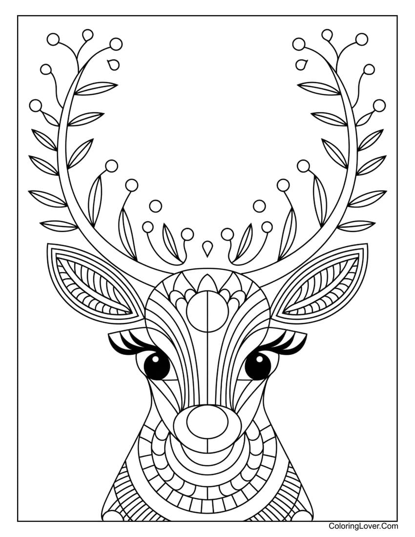 Floral antlers deer coloring page for adults