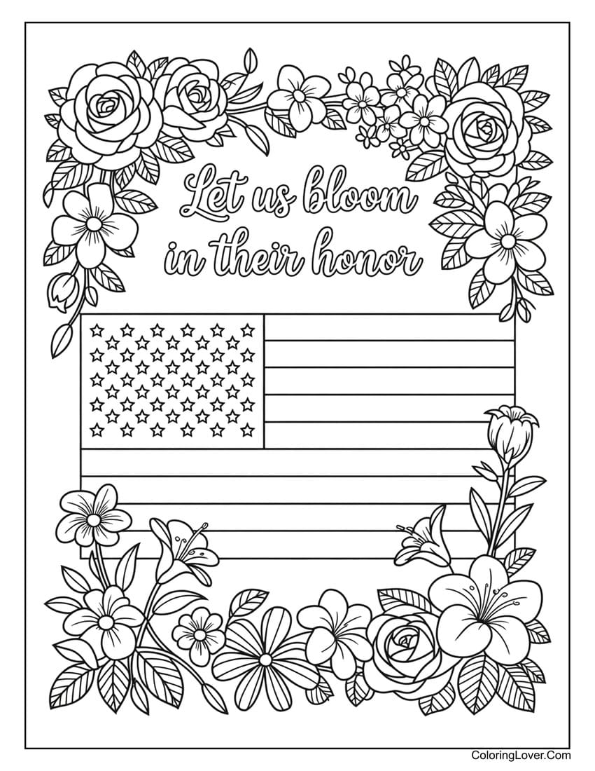 Floral flag frame honoring heroes for Memorial Day coloring page