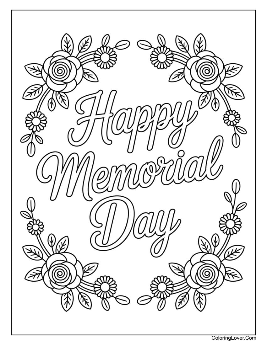 Floral wreath Happy Memorial Day coloring page