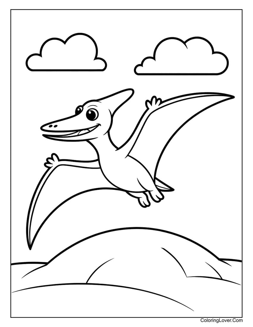 Flying dinosaur over hills preschool coloring sheet